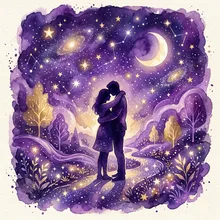 Ilustração onírica de duas silhuetas envoltas em um abraço suave sob um céu estrelado violeta