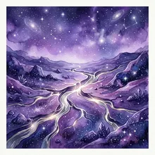 Ilustração onírica de fendas prateadas se abrindo suavemente sobre um terreno estrelado violeta