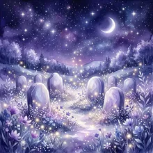 Ilustração onírica de lápides suaves cercadas por luzes prateadas sob um céu estrelado sereno
