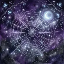 Ilustração onírica de uma teia de aranha prateada coberta de orvalho estelar contra o céu noturno