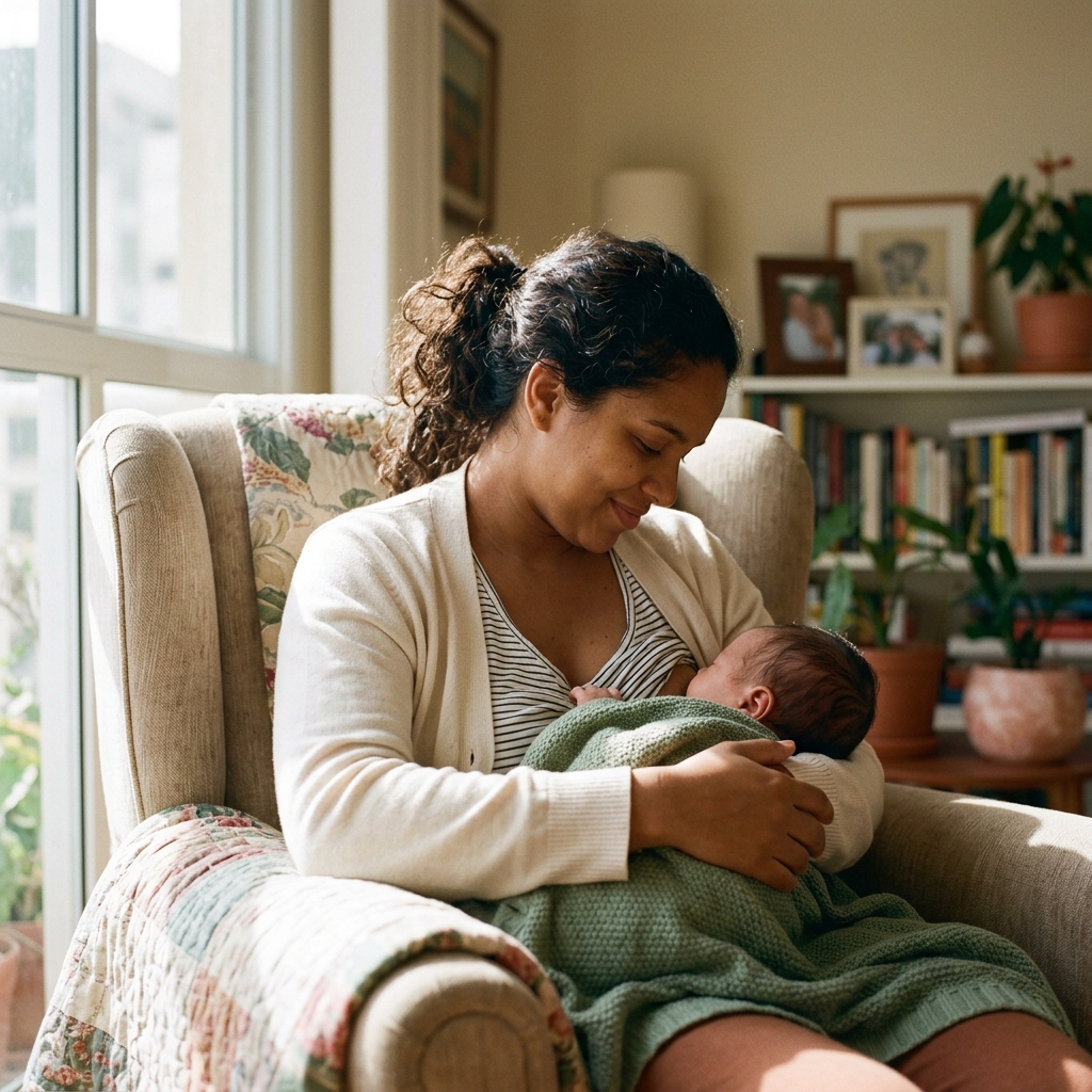 Foto realista de uma mãe amamentando o bebê nos primeiros meses de vida