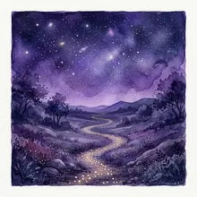 Ilustração onírica de pequenos pontos dourados formando uma trilha sob um céu estrelado violeta