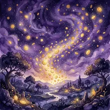 Ilustração onírica de moedas douradas flutuando sob um céu estrelado violeta