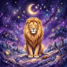 Ilustração onírica de um leão dourado e sereno sentado sob um céu estrelado violeta