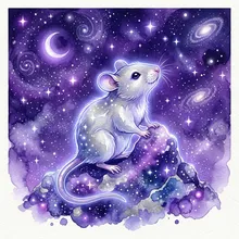 Ilustração onírica de um pequeno roedor prateado contornado por luz sob um céu estrelado violeta