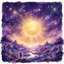 Ilustração onírica de um sol dourado suave irradiando luz sobre um céu estrelado violeta