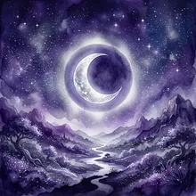 Ilustração onírica de uma lua prateada cercada por um halo suave contra um céu estrelado profundo