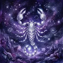 Ilustração onírica de um escorpião estilizado em tons prateados sob um céu estrelado escuro