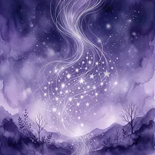 Ilustração onírica de fios prateados se transformando em estrelas contra um céu violeta