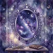 Ilustração onírica de um espelho oval refletindo um céu estrelado em vez de uma imagem comum