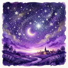 Ilustração onírica de um céu repleto de estrelas prateadas brilhando sobre um horizonte violeta