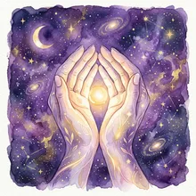 Ilustração onírica de uma pequena luz protegida por mãos suaves sob um céu estrelado violeta