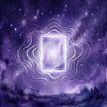 Ilustração onírica de um retângulo luminoso emitindo ondas prateadas sob um céu estrelado