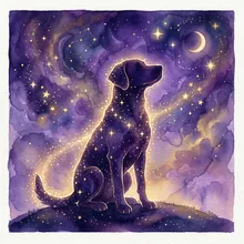 Ilustração onírica da silhueta de um cachorro fiel contornada por estrelas contra um céu violeta