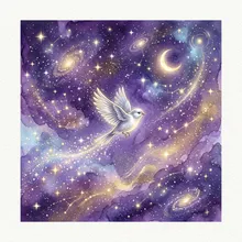 Ilustração onírica de um pequeno pássaro prateado sobrevoando um céu repleto de estrelas