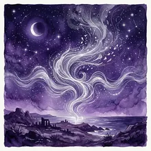Ilustração onírica de ondas sonoras prateadas se dissolvendo no ar sob um céu estrelado
