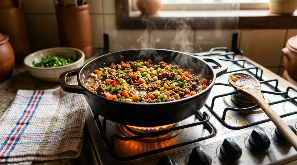Panela de ferro com carne moída refogada bem dourada com cubinhos de cenoura e temperos frescos