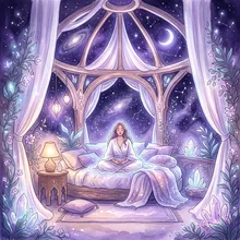 Ilustração onírica de uma sala envolta em luz suave e curativa sob um céu estrelado ao fundo