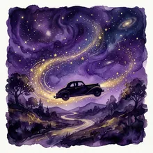 Ilustração onírica da silhueta de um carro deixando um rastro de estrelas sob céu noturno violeta