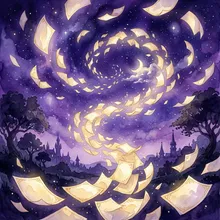 Ilustração onírica de folhas de papel flutuando como estrelas sob um céu noturno violeta