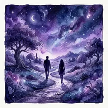 Ilustração onírica de duas silhuetas se distanciando suavemente sob um céu estrelado