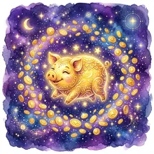 Ilustração onírica de um porco dourado estilizado cercado por moedas flutuantes sob céu estrelado