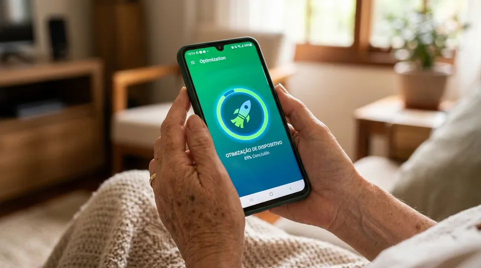 Mãos segurando smartphone Android funcionando rápido e com memória limpa