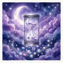 Ilustração onírica de uma ampulheta flutuando entre nuvens noturnas com pétalas se transformando em estrelas