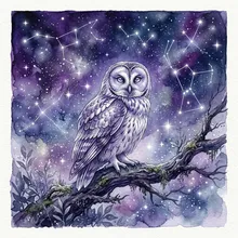 Ilustração onírica de uma coruja prateada pousada sob um céu estrelado repleto de constelações