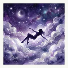Ilustração onírica de uma silhueta flutuando entre nuvens prateadas sob um céu estrelado