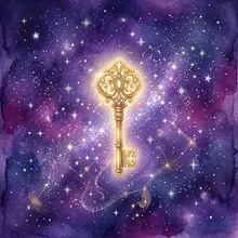 Ilustração onírica de uma chave dourada flutuando entre estrelas prateadas sob céu noturno violeta