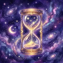 Ilustração onírica de um relógio de areia flutuante com estrelas escorrendo entre os grãos