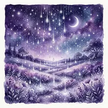 Ilustração onírica de gotas prateadas caindo sobre um campo iluminado por estrelas