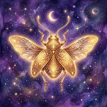 Ilustração onírica de um inseto dourado contornado por luz sob um céu estrelado violeta