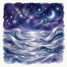 Ilustração onírica de ondas prateadas refletindo um céu estrelado