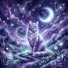Ilustração onírica de um gato prateado sentado sob a luz da lua contra um céu estrelado