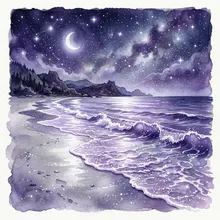 Ilustração onírica de uma faixa de areia prateada encontrando ondas suaves sob um céu estrelado