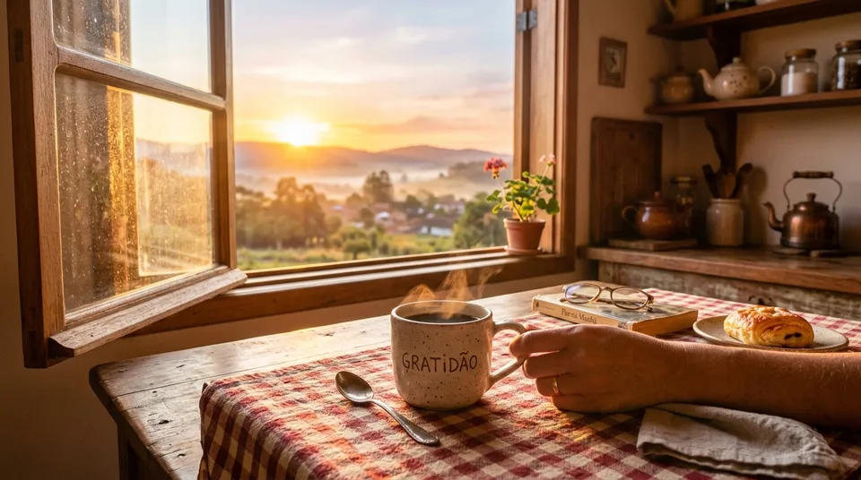Amanhecer acolhedor com café quente e raios de sol na janela da cozinha
