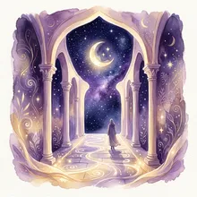 Ilustração onírica de um corredor iluminado por luz suave levando a um céu estrelado ao fundo