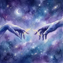 Ilustração onírica de duas mãos se afastando com um fio dourado se rompendo entre elas sob um céu estrelado