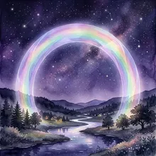 Ilustração onírica de um arco translúcido de luzes coloridas suaves cruzando um céu estrelado noturno