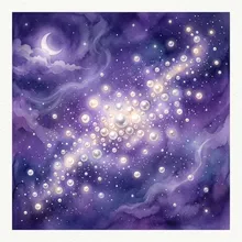 Ilustração onírica de pérolas brancas flutuando como estrelas em um céu noturno violeta