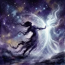 Ilustração onírica de uma sombra recuando diante de uma luz protetora sob céu estrelado