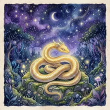 Ilustração onírica de uma cobra dourada enroscada sob um céu estrelado