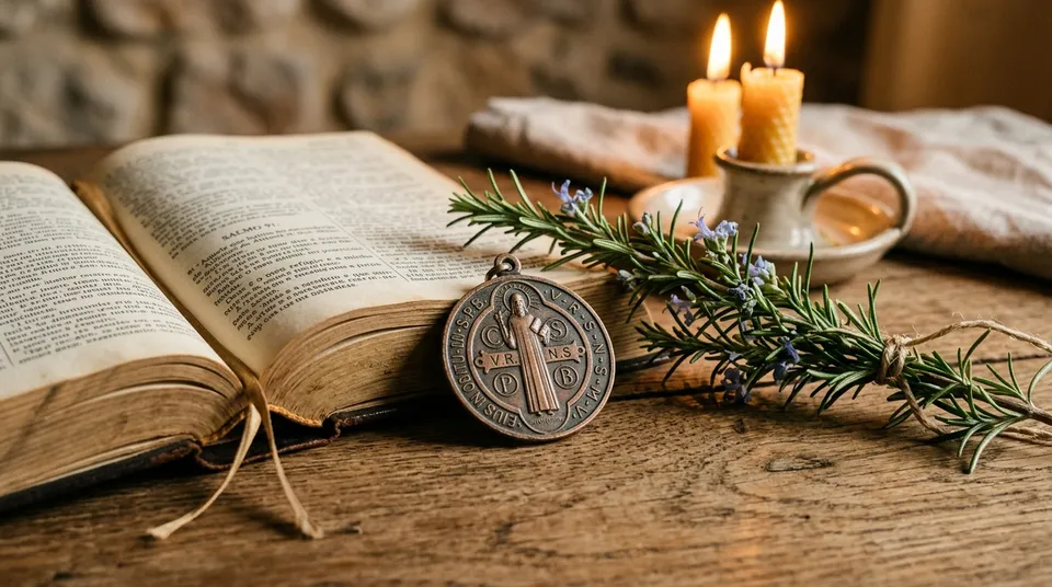 Medalha de São Bento sobre madeira ao lado de velas e Bíblia sagrada