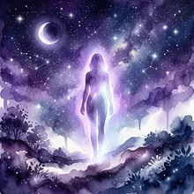 Ilustração onírica de uma silhueta envolta em luz suave sob um céu estrelado, sem detalhes definidos