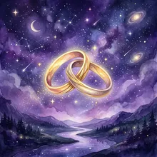 Ilustração onírica de dois anéis dourados entrelaçados flutuando sob um céu estrelado