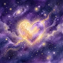 Ilustração onírica de um coração luminoso pulsando suavemente sob um céu estrelado violeta
