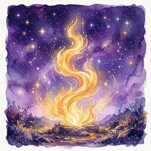 Ilustração onírica de chamas douradas dançando sob um céu estrelado violeta