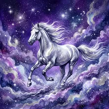 Ilustração onírica de um cavalo prateado galopando entre nuvens estelares sob céu noturno violeta